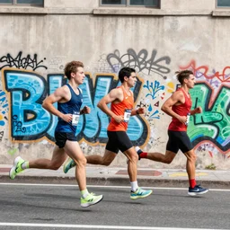 three people running a marathon, graffiti