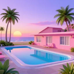 motel, swimmingpool, sunset, palms, beach, sunset, vaporwave, pink, blue, green, purple, bryce 3 d style.