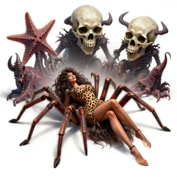Skull that look too much like skull!, crypt lurker!!, grasp of darkness!!!, pitchburn devils, giant terrestrial starfish!!!!!, rescue from the underworld!!!!!!, returned centaur!!!!!!!, 8k CG character rendering of a spider-like hunting female on its back, fangs extended, wearing a leopard-patterned dress, set against a white background, with textured hair and skin.