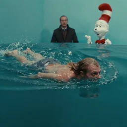 the creature swims, water caustics, film still from the movie directed by denis villeneuve and david cronenberg with art direction by salvador dali and dr. seuss