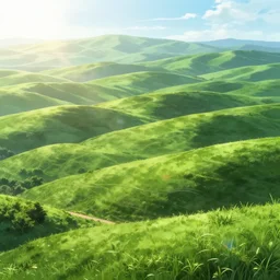 beautiful anime wallpaper, landscape, green rolling hills, bright, intricate, sharp focus, lens flare, bloom, illustration, highly detailed, digital painting, concept art, matte, art by ruan jia and wlop and greg rutkowski, masterpiece