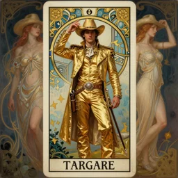 a dramatic ethereal epic symmetrical painting of a handsome cowboy in a gold outfit | tarot card, art deco, art nouveau,  (steampunk), homoerotic, realistic | by Dresden Codak, by Mark Maggiori and ((((Alphonse Mucha))) | trending on artstation