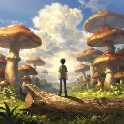 isekai masterpiece anime boy standing tree log overlooking a giant forest of mushrooms, high noon, cinematic, very warm colors, intense shadows, layered stratocumulus clouds, anime illustration, anime screenshot