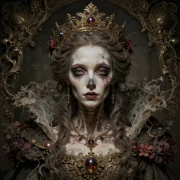 a beautiful detailed front view portrait of a dead rotten princess with ornate growing around, ornamentation, flowers, elegant, beautifully soft lit, by wayne barlowe, peter mohrbacher, kelly mckernan