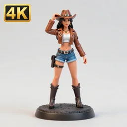 80mm resin detailed miniature of a cow girl, Short brown leather jacket, denim hot-pants, thigh skin, ten-gallon hat, on textured base; Product Introduction Photos, 4K, Full body