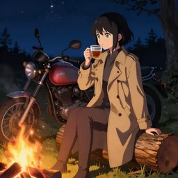An anime girl with short black hair and green eyes in a tan trenchcoat sitting on a log and drinking tea by the campfire by her motorcycle at night under the stars in the style of Jakub Rozalski