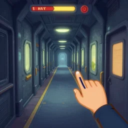 in a corridor, inside a large spaceship, from a point and click 2 d graphic adventure game, art inspired by thomas kinkade and mark keathley