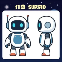 character sheet, on the left is the front view of a cute robot and on the right side  is the side view of the same cute robot, from a space themed Sierra point and click 2D graphic adventure game, made in 2019, high quality graphics