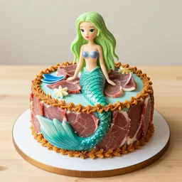 mermaid themed birthday cake, food photography, made of meat,