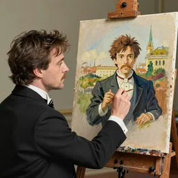ewan mcgregor is dressed as a gentleman at early 2 0 th century paris. he is watching an easel. that easel has a canvas on it. ewan mcgregor has a brush on his hand. he is painting a painting. realistic painting with strong outlines, by studio ghibli