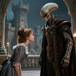 detailed, sharp, a girl bowing to the humanoid alien king, wearing 1860s era clothes, in a castle on an alien planet, extremely highly detailed, hyperrealistic, highly detailed faces, 70 mm still from a period sci fi color movie, 4k, cinematic lighting