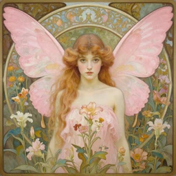 one pink fairy with large wings exploring her lonely flower garden by herself in the style of tom bagshaw, william bouguereau, lois van baerle, ilya kuvshinov, alphonse mucha, extremely detailed, muted colors, symmetrical face, large eyes, beautiful face