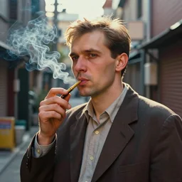 colorful portrait of man smoking in tokyo alley backlit in the style of soviet realism