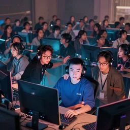 “ a photo of a twitch streamer fighting off a horde of viewers ”