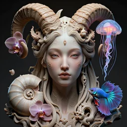 goddess princess beautiful face close-up portrait ram skull zbrush sculpt. jellyfish phoenix head, nautilus, orchid, skull, betta fish, bioluminiscent creatures, intricate artwork by Tooth Wu and wlop and beeple. octane render, trending on artstation, greg rutkowski very coherent symmetrical artwork. cinematic, hyper realism, high detail, octane render, 8k