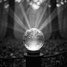 Monochrome photo of a glowing glass sphere in a misty forest at night with light rays coming through the trees, motion blur, grainy, Kodak Tri-X 3200 ISO, tilt-shift, holga