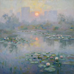 impressionism painting of a pond of water lilies on a foggy morning, sun low on horizon through skyscrapers, soft light, misty
