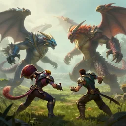 hyperrealism fantasy creatures fight scene with characters from league of legends portrait, digital art, wallpaper of an fantasy fight, background of field in fog, 8 k, sharp, trending dop hdr