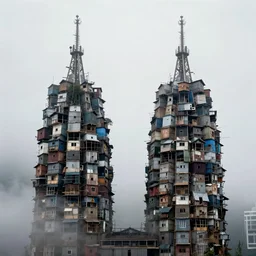two organic - looking towers, made up of makeshift squatter shacks, misty, dystopia, mamiya rb 6 7, fully frontal view, very detailed, photographed by ansel adams