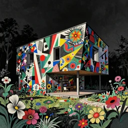 ( ( gediminas pranckevicius ) ) house by kengo kuma, art by syd mead, malevich, very coherent, sharp, colorful high contrast, dark shadows, hard lighting, floralpunk flower garden, inking etching screen print paper cutout collage