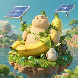 studio ghibli, banana, island, fat animals, solar, green technology, optimist future by asher durand. intricate artwork by tooth wu and wlop and beeple and dan mumford and greg rutkowski and nekroxiii. halo. octane render, cinematic, hyper realism, octane render, 8 k, depth of field, bokeh. iridescent accents. vibrant