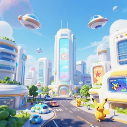 the park of a future urban city, white buildings + colorful decorative + led billboards + brand logo, cute future vehicles, cute spacecraft flying in the air, cute pokemon walking on the street, cute scene, huge universe, alien planet in the sky faraway, dokev, ratchet & clank, overwatch, splatoon 3