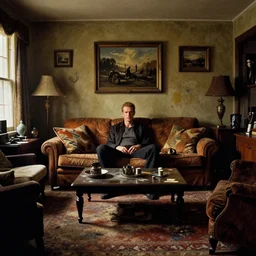 rick deckard living room from bladerunner, as decorated by norman rockwell, moody, decadent, dirty,
