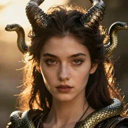 portrait of a woman with intense eyes and horns and snakes coming out of her head, closeup, studio lighting backlight golden hour