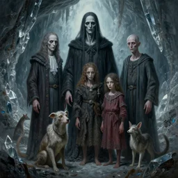 painting of a creepy family wearing long robes, intercrossed humans, mixed animal, in a crystal cave, by giger, zdzislaw beksinski, thierry bosch, cold hue's, amazing background, digital art, concept art, animal painting, beautiful composition 3 - d 4 k,