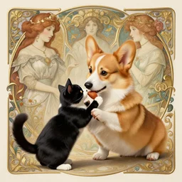 ein the corgi playing with a tuxedo cat, intricate, elegant, hyper detailed, ultra definition, photoreal, artstation, unreal engine rendered, concept art, smooth, sharp focus, illustration, art by artgerm and greg rutkowski and alphonse mucha and garis edelweiss