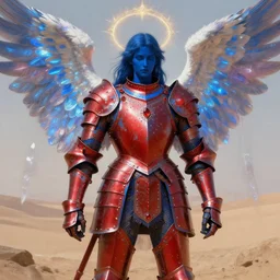 rococo style painting of full plate armor of crimson metal with azure blue lining and ruby studded worn by dark blue radiant skinned angel with glowing wings, magic, enchanted, intricate, crystal, background desert, dusty, soft light, 8 k, artstation trending, masterwork