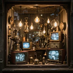 closeup of a steampunk shop window by don bluth, photo realistic, tv screens, filled with interesting oddities, things hanging from ceiling, light bulbs, cinematic