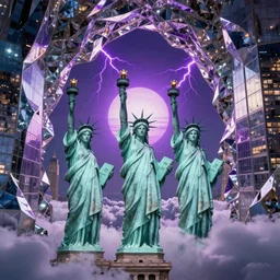 of a futuristic photo - realistic new york city with mirrored windows in a shiny crystalline cave : 4, the statue of liberty : 2, highly symmetrical, balanced, purple lightening : 3, octane render, clouds : 2, violet sun : 4, in the style of sahm : 3, hd, ultra - realistic, in unreal engine