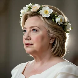 side portrait of morbidly obese Hillary Clinton, blond hair, flower crown, white dress, headshot, hyper realistic, pale skin, 4k, rule of thirds, beautiful eyes, extreme detail, detailed drawing, trending artstation, hd, fantasy, D&D, realistic lighting, by Alphonse Mucha, Greg Rutkowski, sharp focus, backlit, elegant