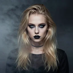 modeling photograph kerli koiv, blonde, beautiful, dark, mysterious, bubble goth makeup, detailed symmetrical face, half body shot, fog dramatic, teen, high contrast