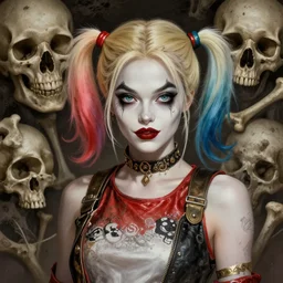 stunning harley quinn goddess of skull portrait, skull, skull background, bones, dirt, fantasy, intricate, elegant, highly detailed, digital painting, artstation, concept art, smooth, sharp focus, illustration, art by afshar petros and krenz cushart and artem demura