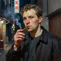 realistic portrait painting of man smoking in a tokyo alley at night in the style of soviet realism