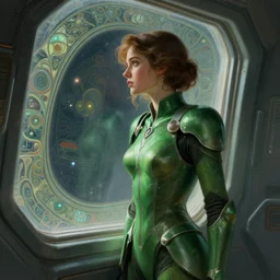Exhausted good looking  young  woman wearing green coloured armour suit in a space stationstaring out of a window into the unknown, elegant, intricate, retrofuturistic digital painting, artstation, concept art, smooth, sharp focus, illustration, art by artgerm and greg rutkowski and alphonse mucha