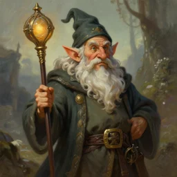 an old gnome wizard, by greg rutkowski and alphonse mucha, digital art, realistic painting, fantasy, dnd, character design, trending on artstation