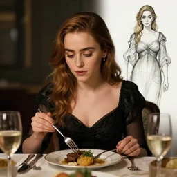 emilia clarke eating dinner, character sheet, character design, contrast, deep focus, turnaround, highly detailed, dramatic lighting, digital painting, artstation, concept art, matte, sharp focus, illustration, elegant, art by artgerm and greg f and alphonse mucha.