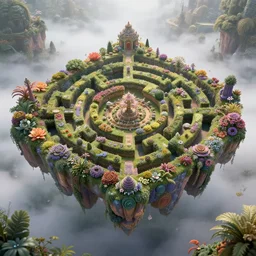 three dimensional floating exotic colorful garden maze retreating into silver mist, enchanted, mystical, sacred, otherworldly, fairy tale, exquisite detail, magical, mysterious