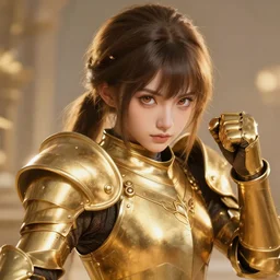 gloden armor, portrait, armor girl, cute face, fight, battle, beautiful eyes and face, high detail, concept art, digital art, art of greg rutkowski, trending on artstation, trending on deviantart, 4 k,