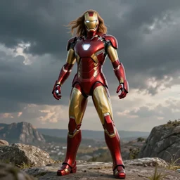 Photorealistic art of Elizabeth Olsen as Ironman, full body, action shot, high definition, cinematic, realistic