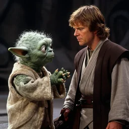 yoda talking with luke skywalker, still frame from star wars : return of the jedi