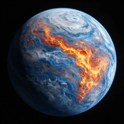 fire and water volcanic planet from space, black background, texture sphere render
