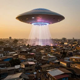 AJEGUNLE SLUMS of Lagos surrounding large UFO within NEON rays of light, photographed by Martha Cooper, wide angle, Gold hour light,