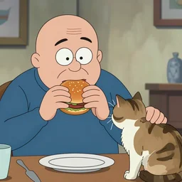 eric cartman eating hamburgers while petting a cat
