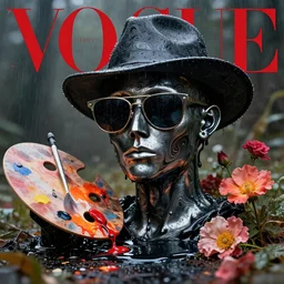 a head made out of melting metal, hot palette, it is wearing sunglasses and a hat, there are flowers all around it, black paint melting, vogue cover style, demonic style, smooth fractal style, rainy style