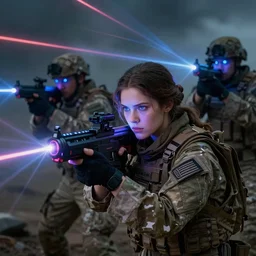 U.S. military men in a battle using holographic warrrfare and electronic psychotronic laser devices