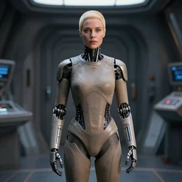 full body of a very pretty blond borg queen on a borg ship, cybernetic implants, perfect face, symmetrical face, moody lighting, shallow depth of field,